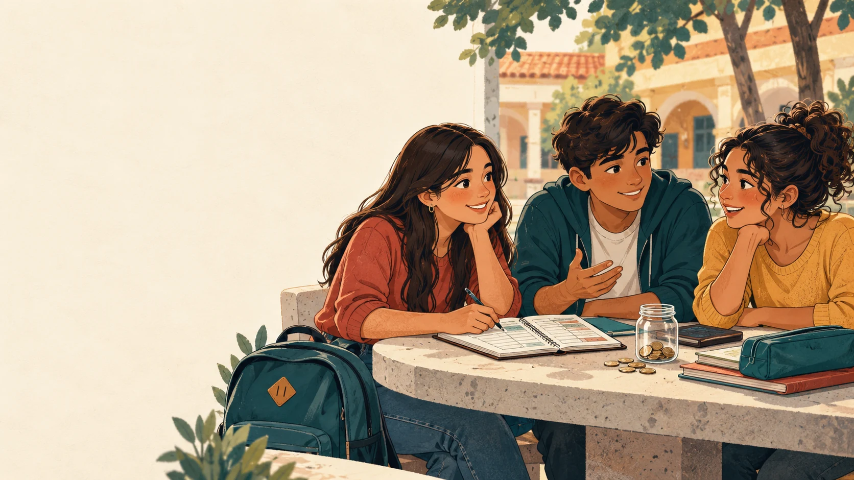 Ilustración conceptual de dos chicas y un chico conversando sobre un presupuesto y una meta de ahorro